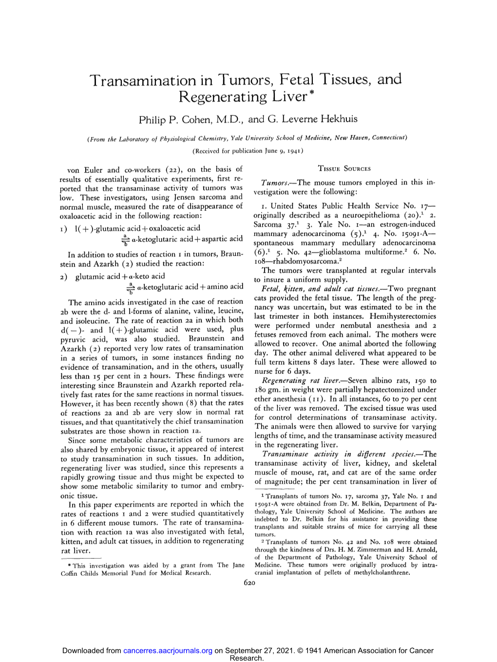 Transamination in Tumors, Fetal Tissues, and Regenerating Liver* Philip P