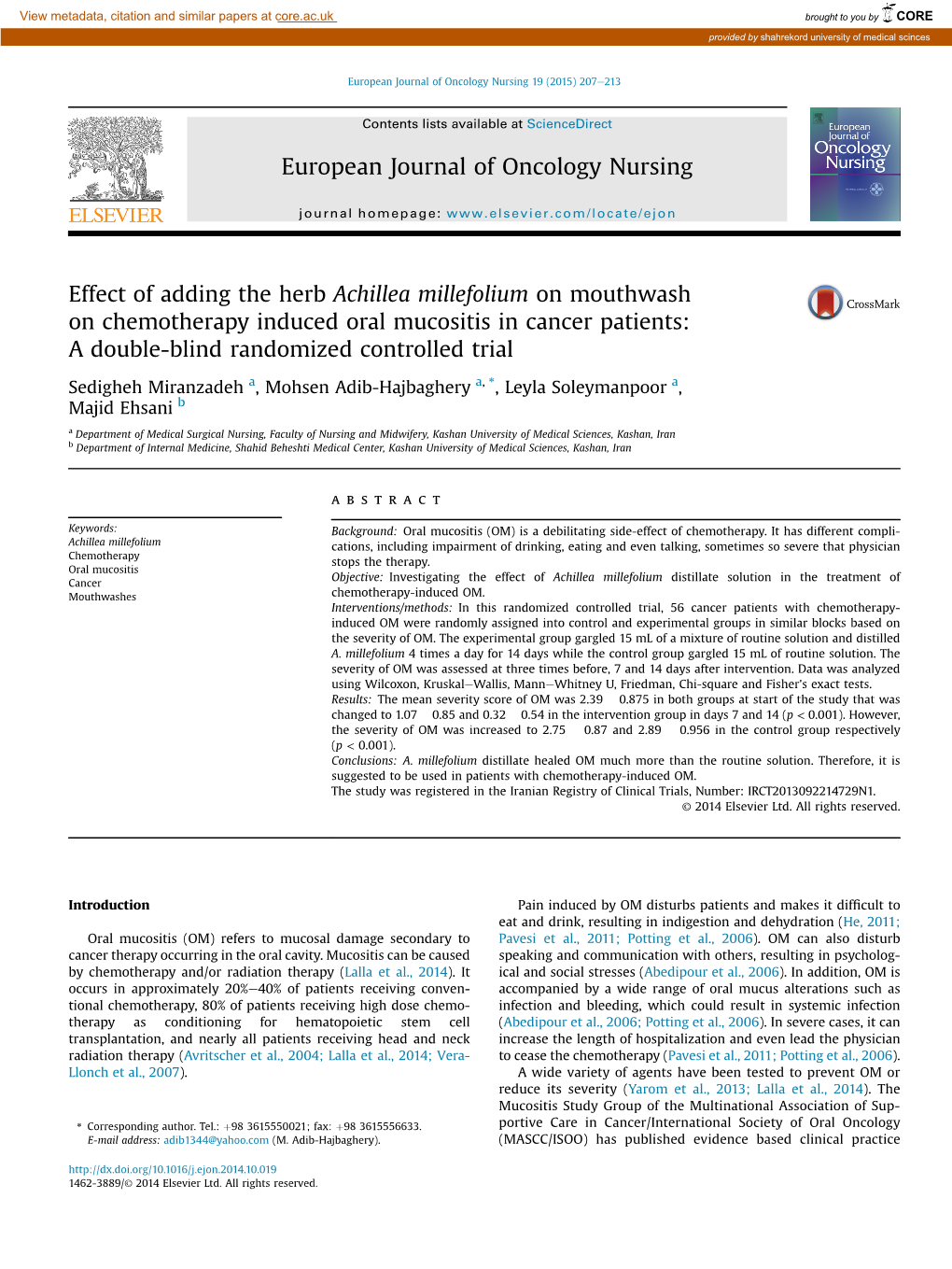 Effect of Adding the Herb Achillea Millefolium on Mouthwash On&Nbsp;Chemotherapy Induced Oral Mucositis in Cancer Patients