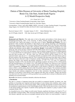 Pattern of Skin Diseases at University of Benin Teaching Hospital, Benin City, Edo State, South-South Nigeria: a 12 Month Prospective Study