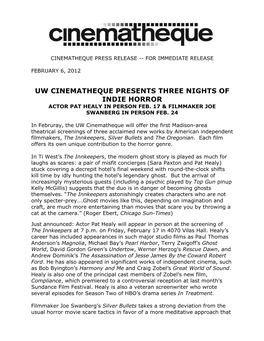 Uw Cinematheque Presents Three Nights of Indie Horror Actor Pat Healy in Person Feb