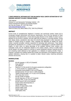 A SEMI-EMPIRICAL METHODOLOGY for BALANCED FIELD LENGTH ESTIMATION of JET- ENGINED AIRCRAFT in EARLY DESIGN PHASES Tulio Angeiras Embraer S.A