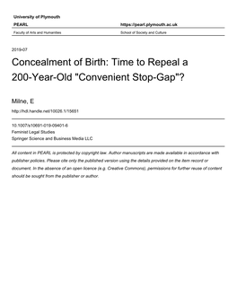 Concealment of Birth: Time to Repeal a 200-Year-Old “Convenient Stop-Gap”?