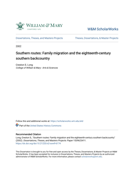 Family Migration and the Eighteenth-Century Southern Backcountry