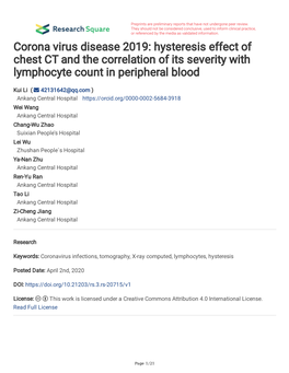 Corona Virus Disease 2019: Hysteresis Effect of Chest CT and the Correlation of Its Severity with Lymphocyte Count in Peripheral Blood