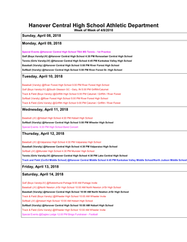 Hanover Central High School Athletic Department Week of Week of 4/8/2018 Sunday, April 08, 2018
