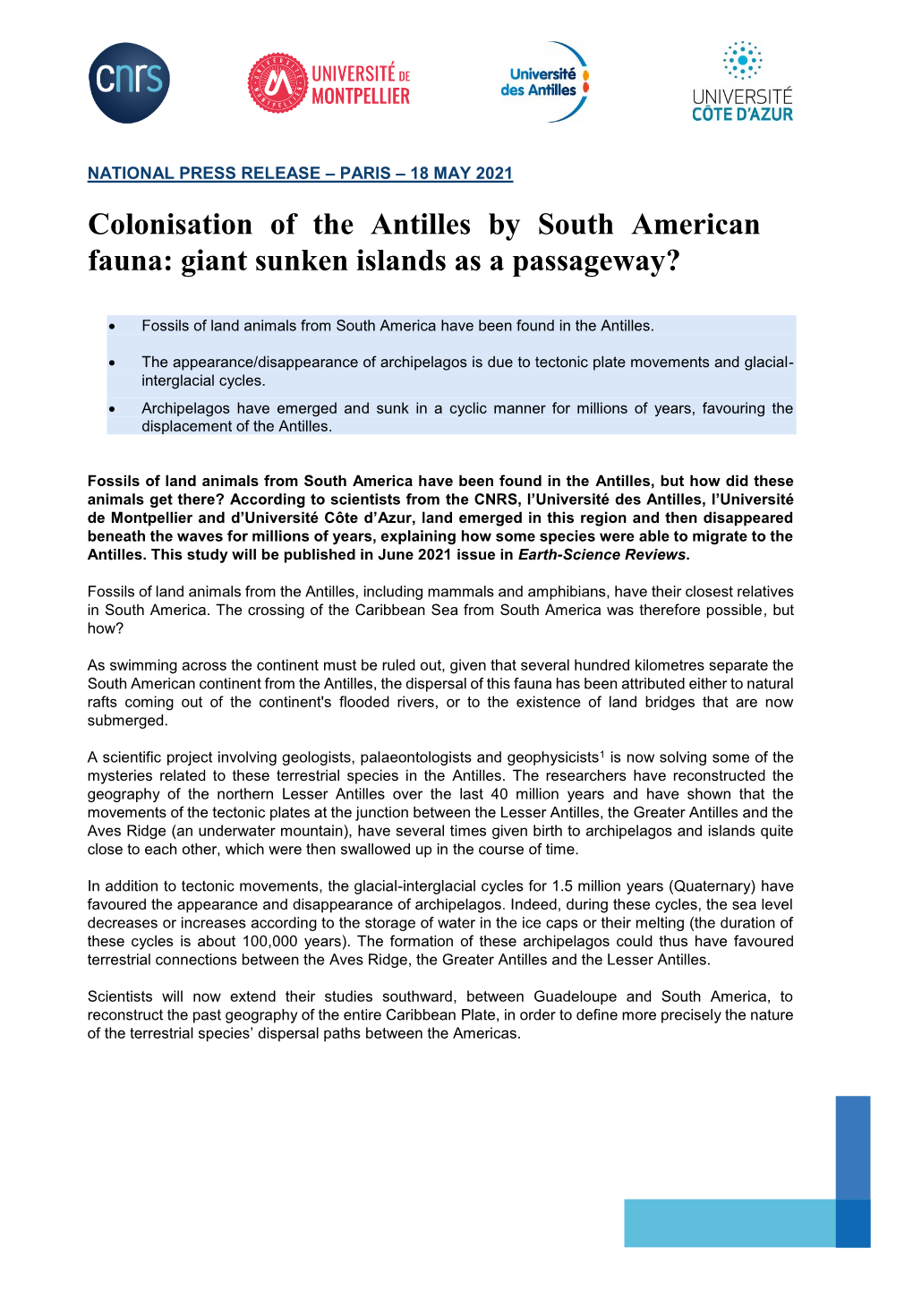 Colonisation of the Antilles by South American Fauna: Giant Sunken Islands As a Passageway?