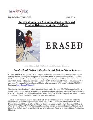 Aniplex of America Announces English Dub and Product Release Details for ERASED