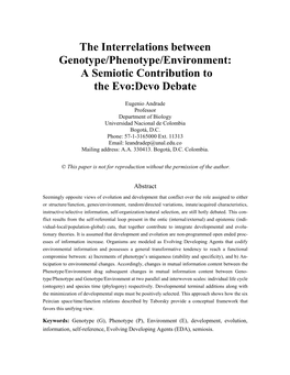 The Interrelations Between Genotype/Phenotype/Environment: a Semiotic Contribution to the Evo:Devo Debate