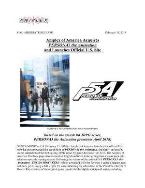 Aniplex of America Acquires PERSONA5 the Animation and Launches Official U.S