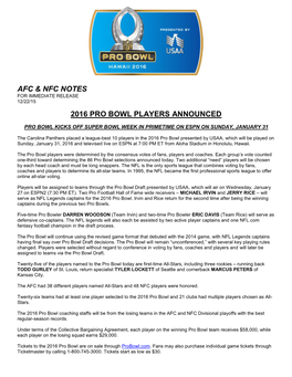 Afc & Nfc Notes 2016 Pro Bowl Players Announced