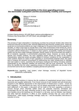 Analysis of Sustainability in the Slum Upgrading Process: the Stormwater Subsystem and the Accessibility, Mobility and Transport