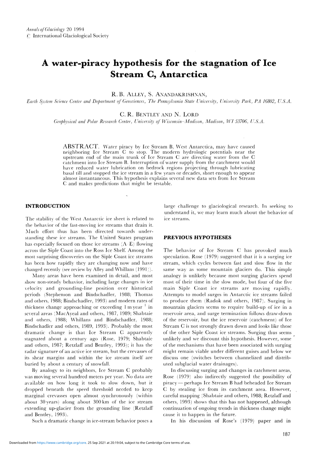 A Water-Piracy Hypothesis for the Stagnation of Ice Stream C, Antarctica