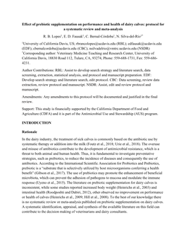 Effect of Prebiotic Supplementation on Performance and Health of Dairy Calves: Protocol for a Systematic Review and Meta-Analysis R