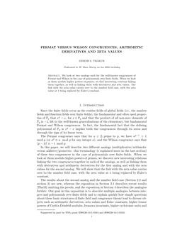 FERMAT VERSUS WILSON CONGRUENCES, ARITHMETIC DERIVATIVES and ZETA VALUES 1. Introduction Since the Finite Fields Occur As the Re