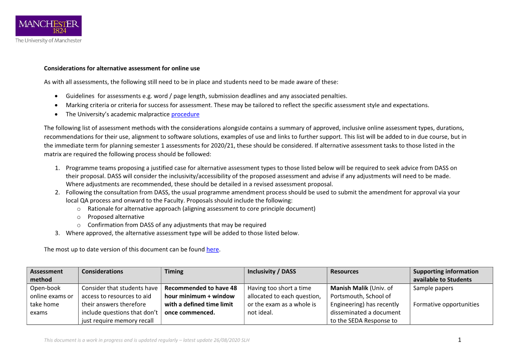 1 Considerations for Alternative Assessment for Online Use As with All Assessments, the Following Still Need to Be in Place