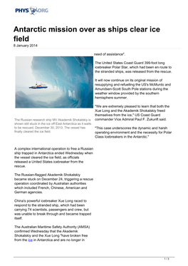 Antarctic Mission Over As Ships Clear Ice Field 8 January 2014