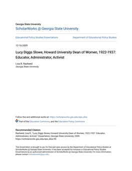 Lucy Diggs Slowe, Howard University Dean of Women, 1922-1937: Educator, Administrator, Activist