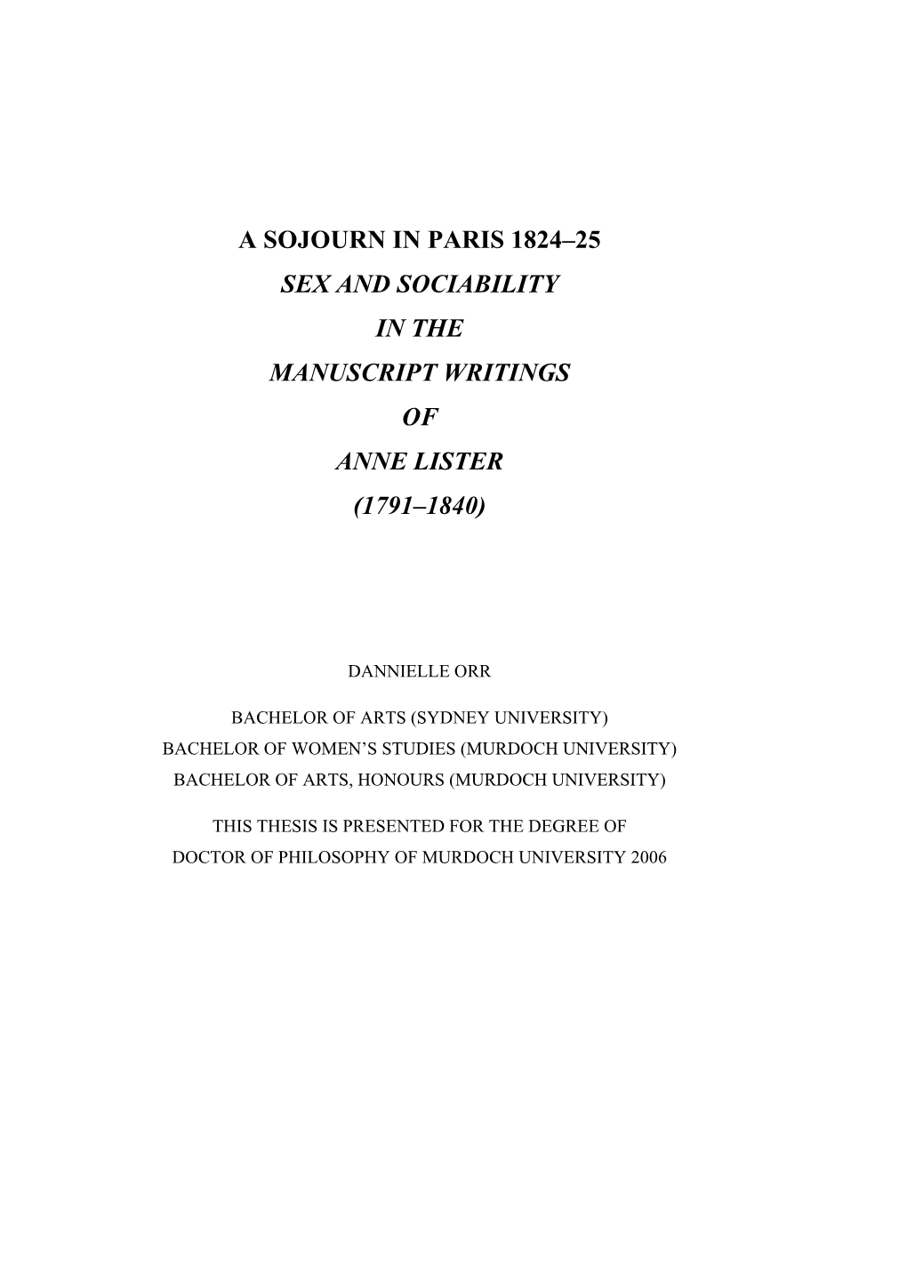 A Sojourn in Paris 1824–25 Sex and Sociability in the Manuscript Writings of Anne Lister (1791–1840)