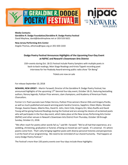Dodge Poetry Festival Announces Highlights of the Upcoming Four‐Day Event at NJPAC and Newark’S Downtown Arts District