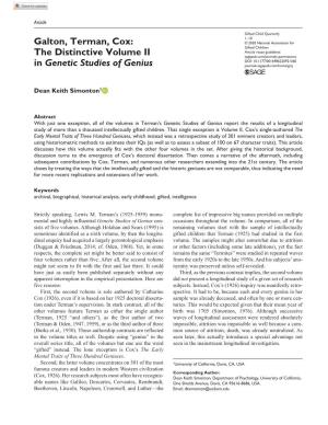 Galton, Terman, Cox: the Distinctive Volume II in Genetic Studies Of