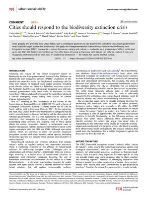 Cities Should Respond to the Biodiversity Extinction Crisis ✉ Cathy Oke 1,2,3 , Sarah A