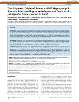 The Enigmatic Origin of Bovine Mtdna Haplogroup R: Sporadic Interbreeding Or an Independent Event of Bos Primigenius Domestication in Italy?