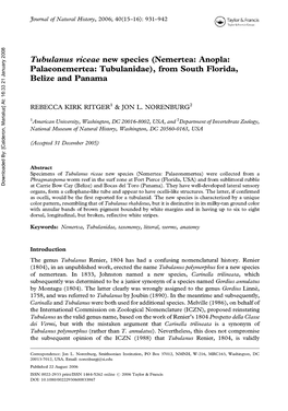 Tubulanus Riceae New Species (Nemertea: Anopla: Palaeonemertea: Tubulanidae), from South Florida, Belize and Panama