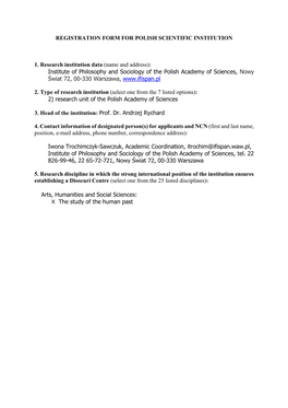 Registration Form for Polish Scientific Institution 1