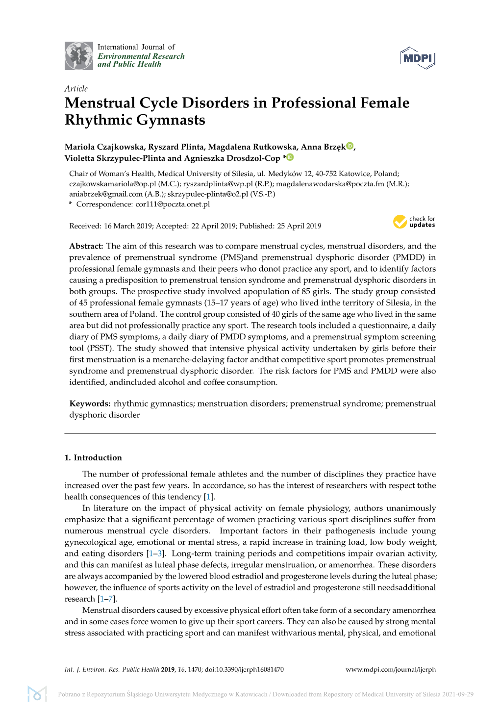 Menstrual Cycle Disorders in Professional Female Rhythmic Gymnasts