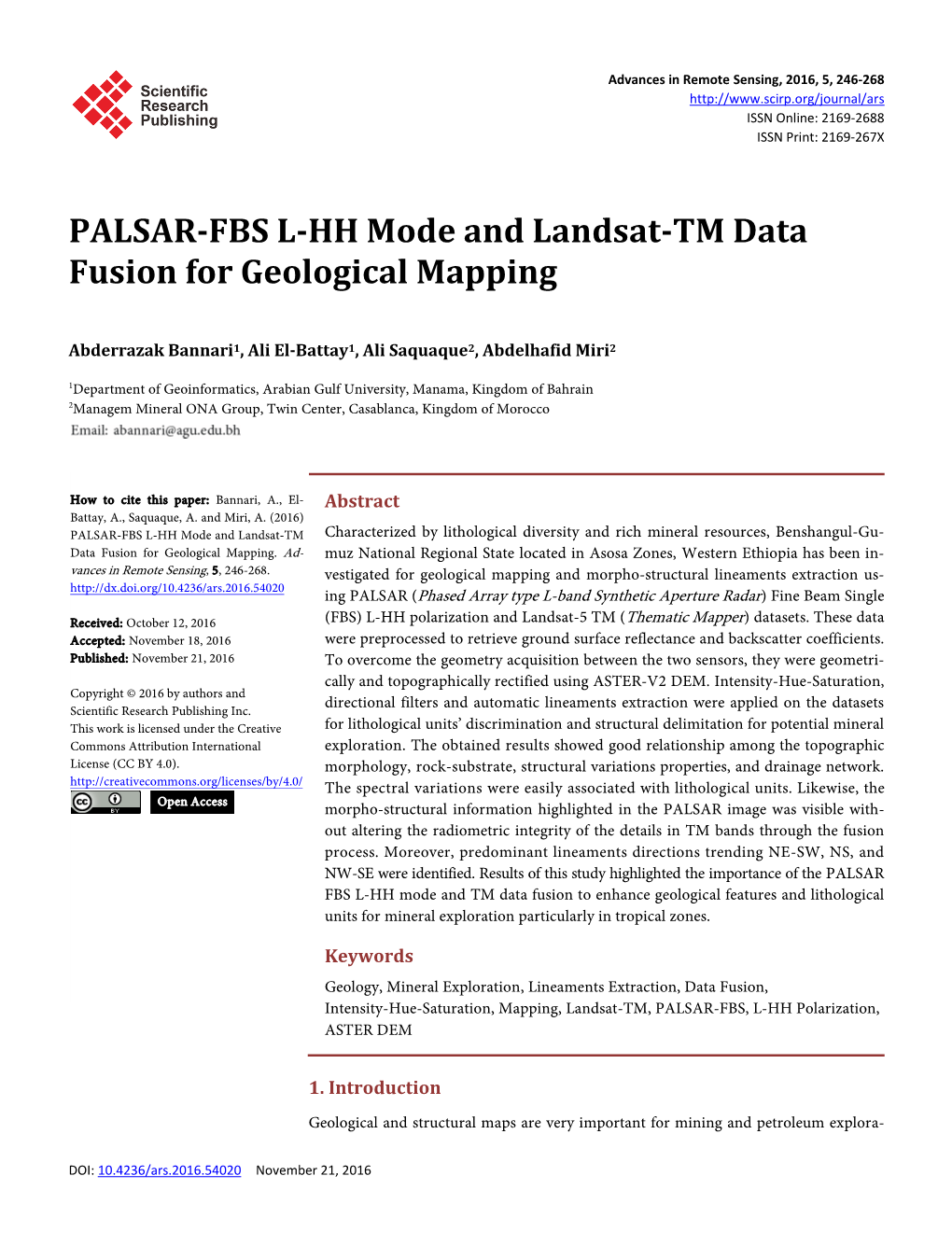 PALSAR-FBS L-HH Mode and Landsat-TM Data Fusion for Geological Mapping