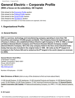 General Electric – Corporate Profile General Electric – Corporate Profile (With a Focus on Its Subsidiary, GE Capital)