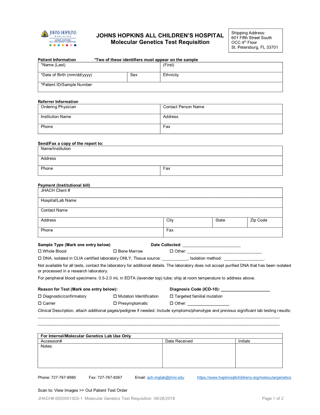 JOHNS HOPKINS ALL CHILDREN's HOSPITAL Molecular Genetics Test Requisition