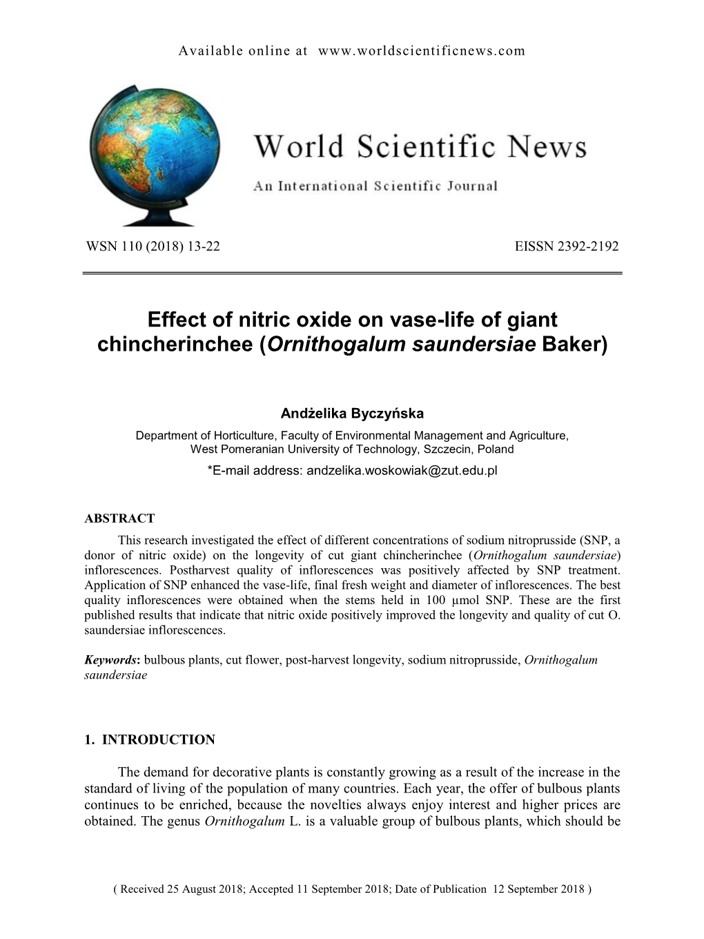 Effect of Nitric Oxide on Vase-Life of Giant Chincherinchee (Ornithogalum Saundersiae Baker)