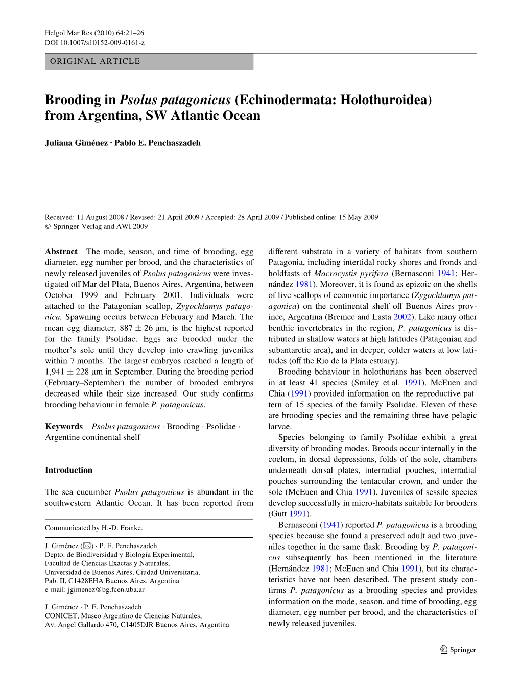 Brooding in Psolus Patagonicus (Echinodermata: Holothuroidea) from Argentina, SW Atlantic Ocean