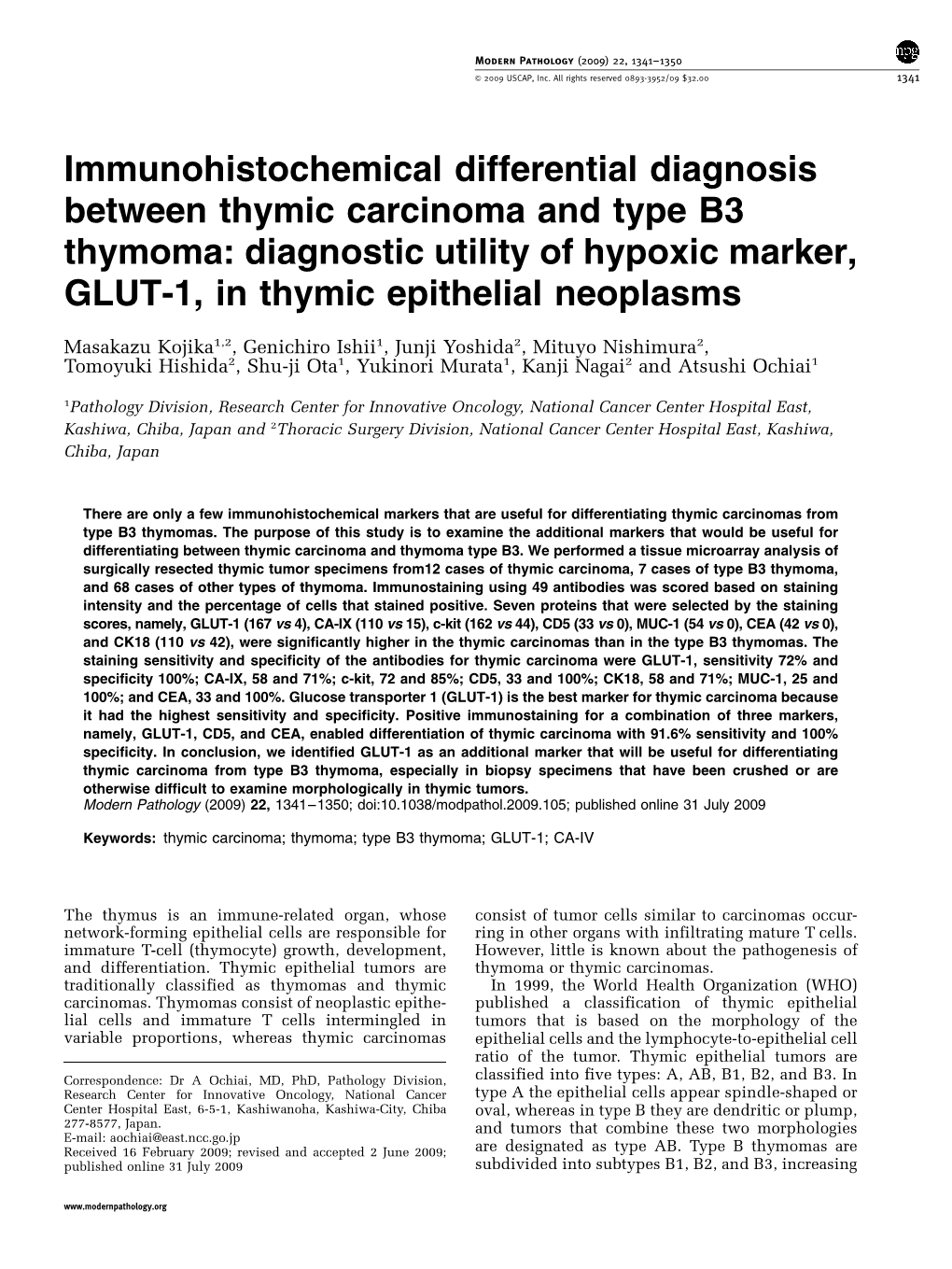 Immunohistochemical Differential Diagnosis Between Thymic Carcinoma and Type B3 Thymoma: Diagnostic Utility of Hypoxic Marker, GLUT-1, in Thymic Epithelial Neoplasms