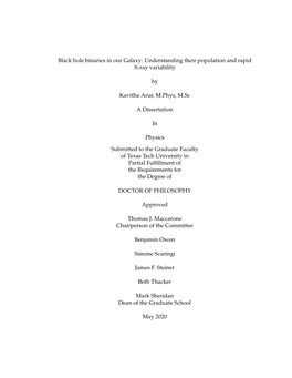 Black Hole Binaries in Our Galaxy: Understanding Their Population and Rapid X-Ray Variability by Kavitha Arur, M.Phys, M.Sc a Di