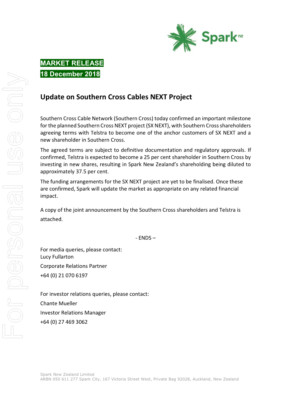 Update on Southern Cross Cables NEXT Project
