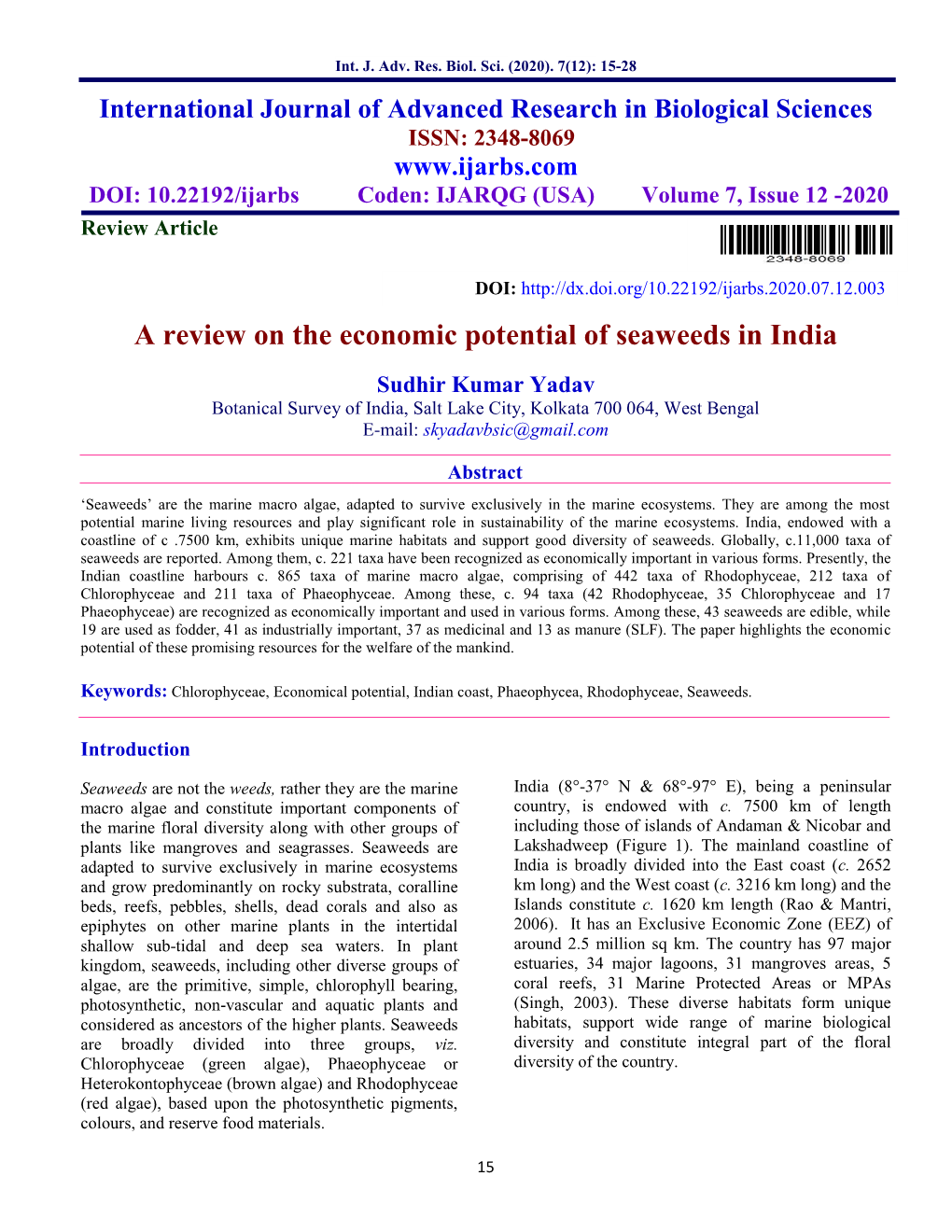 A Review on the Economic Potential of Seaweeds in India