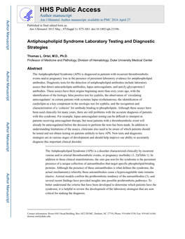 Antiphospholipid Syndrome Laboratory Testing and Diagnostic Strategies