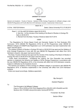 M.Sc Zoology Programme in Tune with the New CBCSS PG Regulations with Effect from 2019 Admission Onwards, Vide Paper Read Second Above