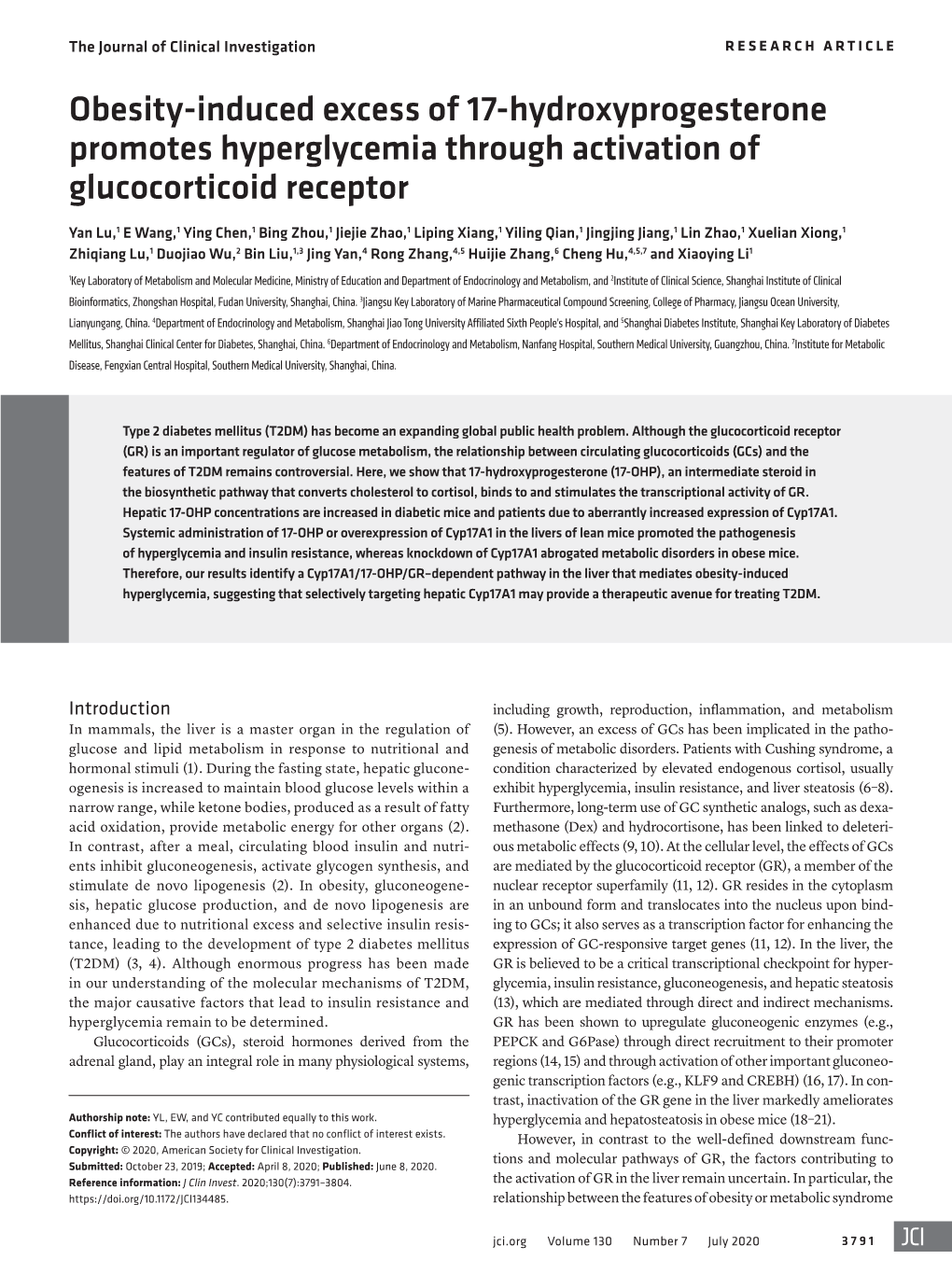 Obesity-Induced Excess of 17-Hydroxyprogesterone Promotes Hyperglycemia Through Activation of Glucocorticoid Receptor