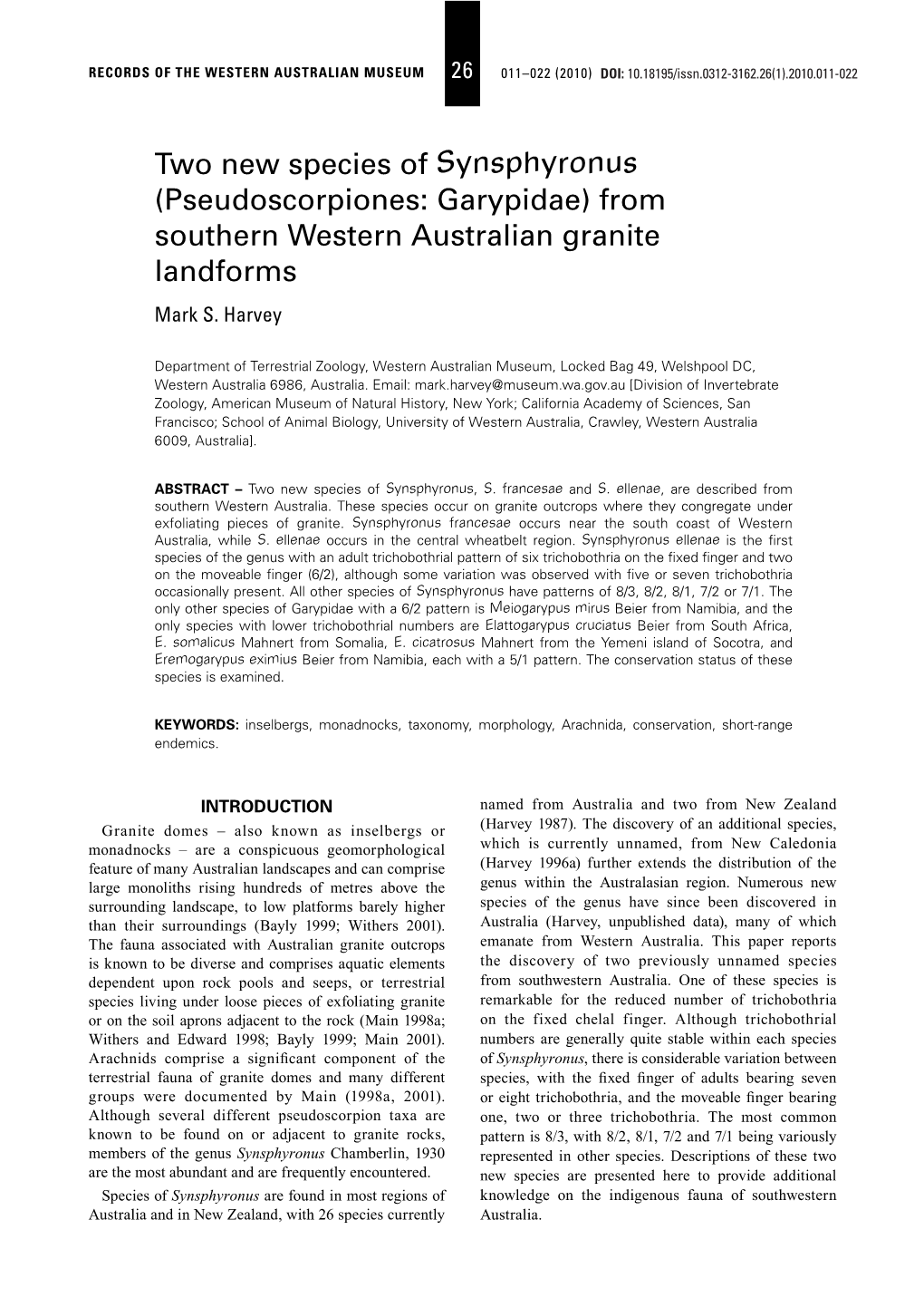 Pseudoscorpiones: Garypidae) from Southern Western Australian Granite Landforms Mark S
