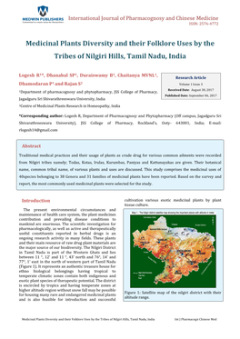 Medicinal Plants Diversity and Their Folklore Uses by the Tribes of Nilgiri Hills, Tamil Nadu, India