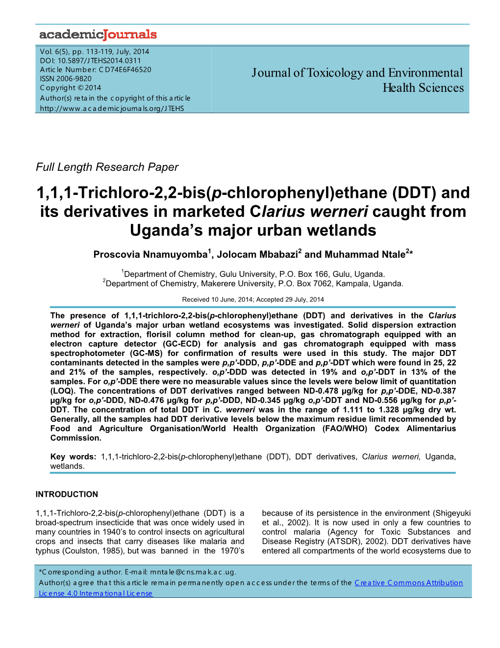 Ethane (DDT) and Its Derivatives in Marketed Clarius Werneri Caught from Uganda’S Major Urban Wetlands