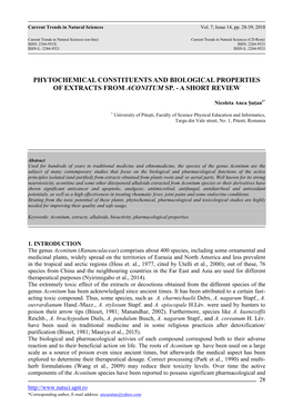 Phytochemical Constituents and Biological Properties of Extracts from Aconitum Sp