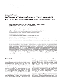 Leaf Extracts of Calocedrus Formosana (Florin) Induce G2/M Cell Cycle Arrest and Apoptosis in Human Bladder Cancer Cells
