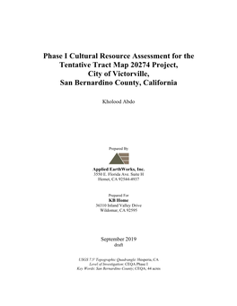 Phase I Cultural Resource Assessment for the Tentative Tract Map 20274 Project, City of Victorville, San Bernardino County, California