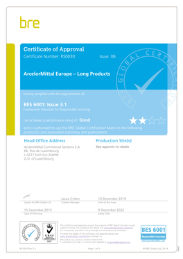 Certificate of Approval Certificate Number: RS0030 Issue: 06