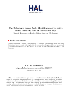 The Belledonne Border Fault: Identification of an Active Seimic Strike-Slip Fault in the Western Alps