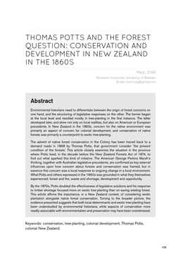 Thomas Potts and the Forest Question: Conservation and Development in New Zealand in the 1860S